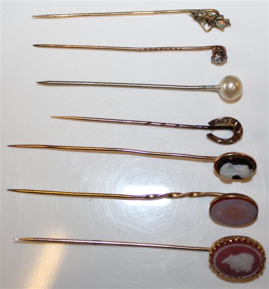 7 assorted stick pins including cannelion and horseshoe